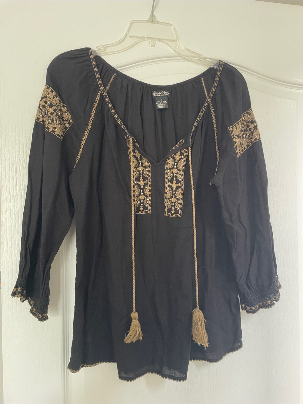 Black Embroidered Peasant Top with Tassels - lucky brand